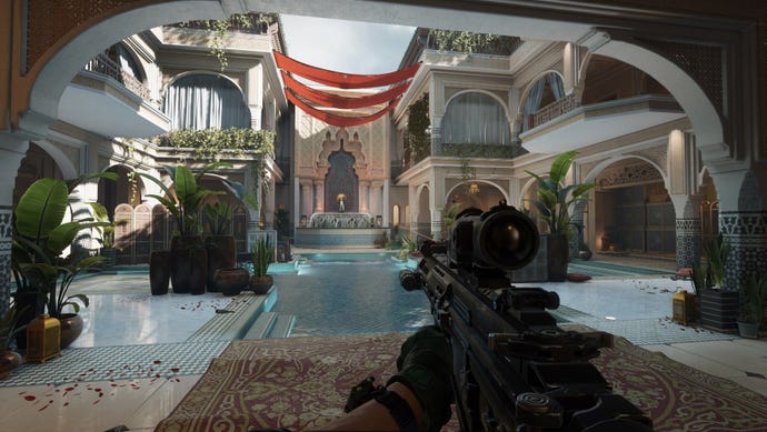 A screenshot from TiMi Studios' new Delta Force first-person shooter, showing players running down a corridor with a scoped rifle.