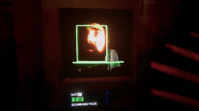 A man’s face being scanned by some facial recognition software in Eyes Never Wake.