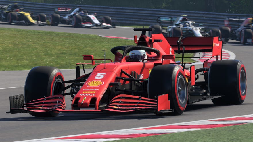 Cars racing in an F1 2020 screenshot.