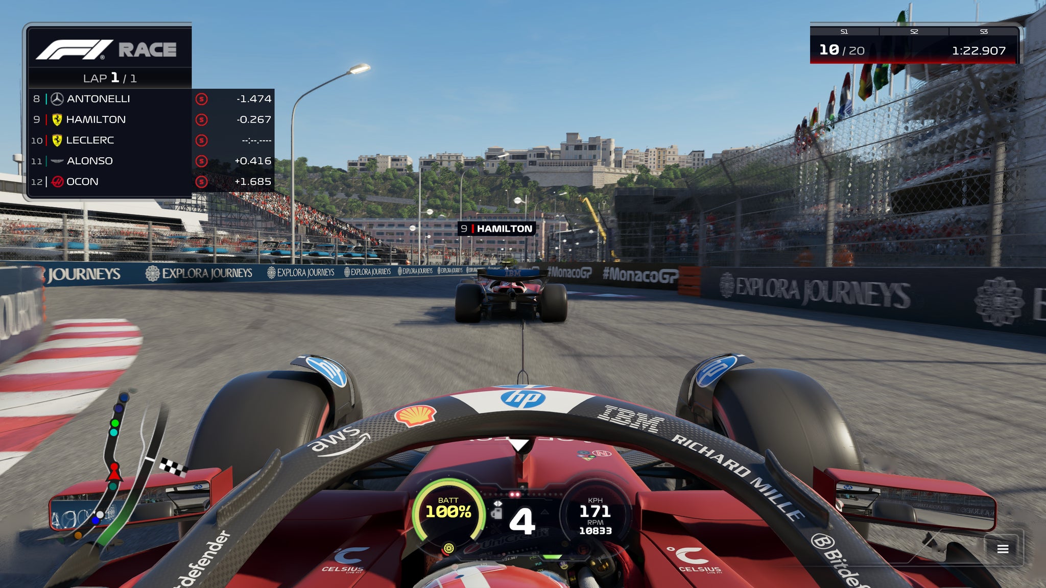 F1 25, mid-race in Monaco, showing AMD frame generation before the Redstone update. - 17