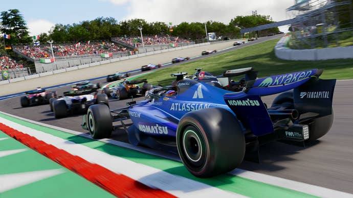 Some F1 cars rounding Acque Minerali country astatine Imola successful F1 25.