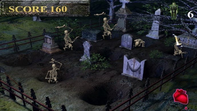 Skeletons popping out of their graves in a moonlit graveyard.