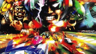 F-Zero X artwork featuring giant colourful faces over speeding vehicles