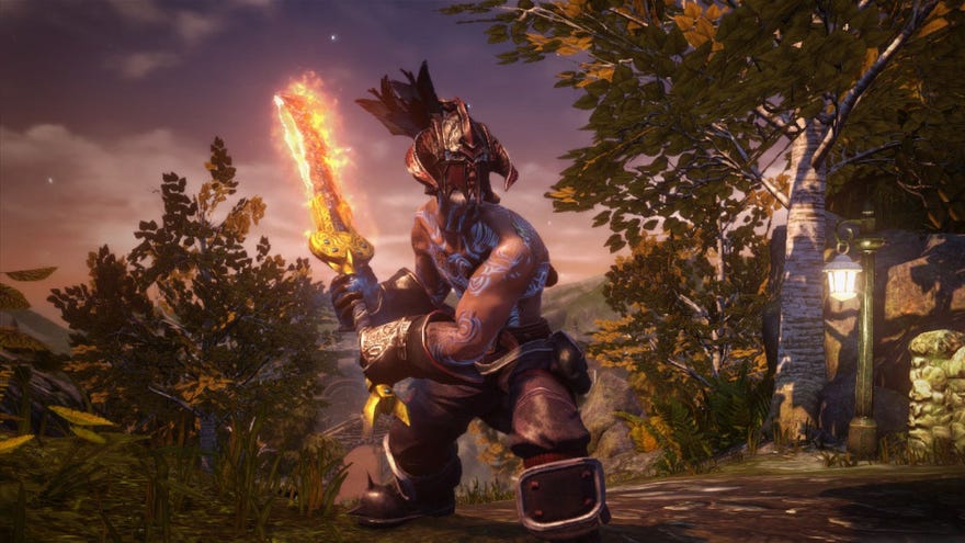 A warrior raising a flaming sword in Fable Anniversary