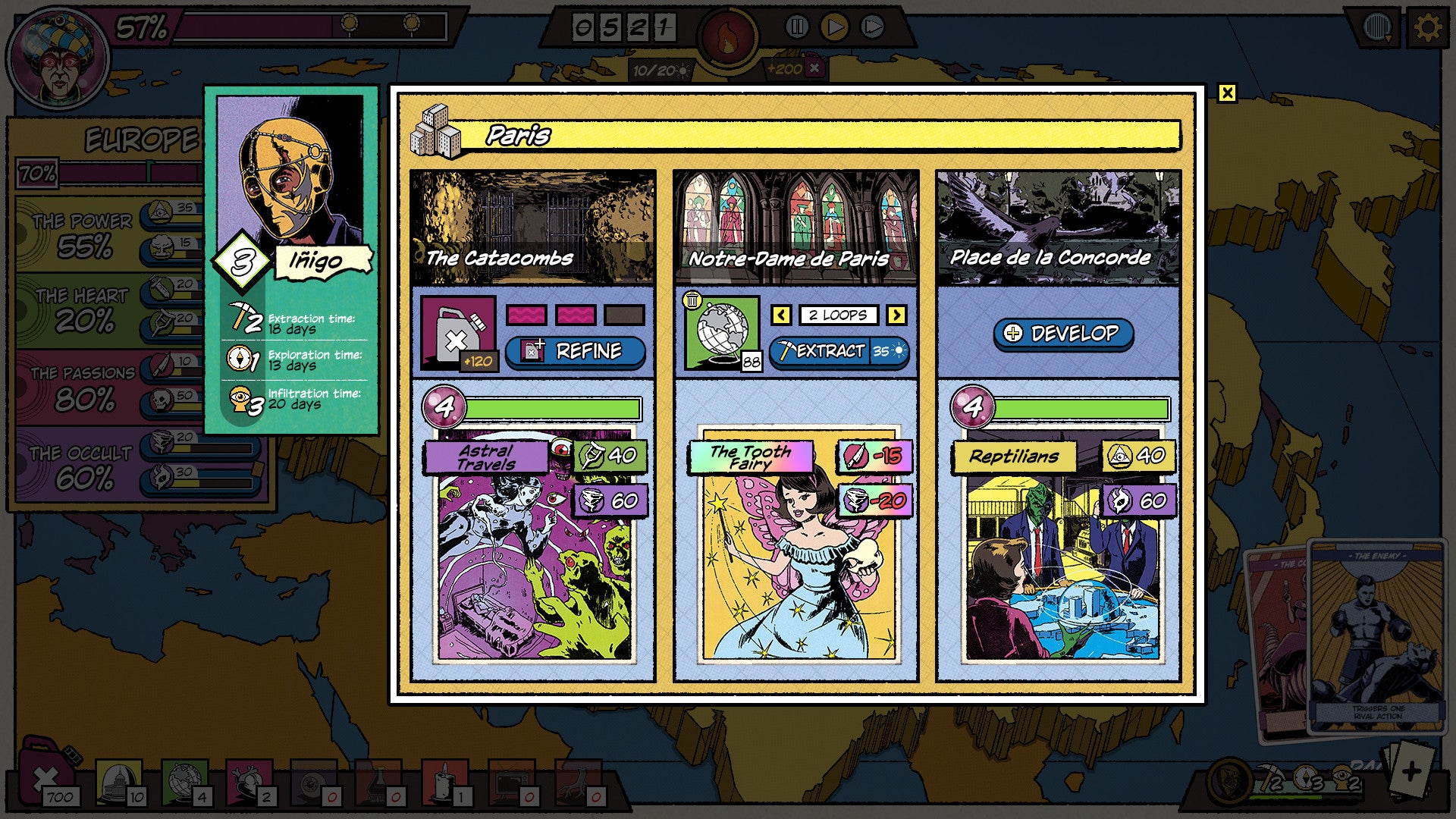 A menu from strategy sim The Fantastic Fear Machine, showing some evil phenomena created by the player to terrorise a population into doing their bidding.