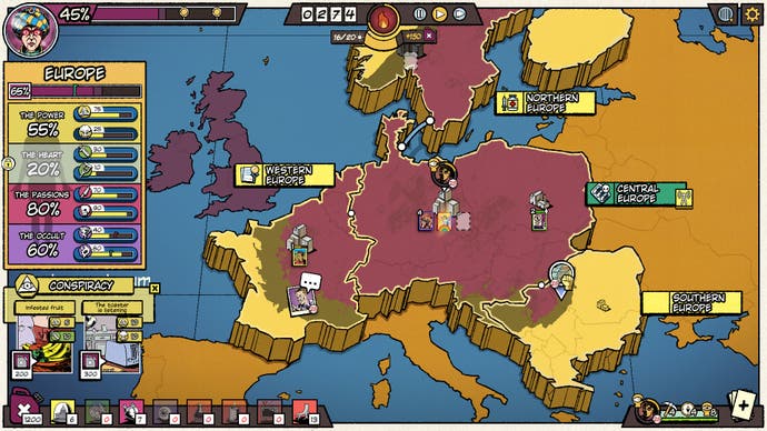 A map screen from strategy sim The Fabulous Fear Machine, showing the player positioning agents around cities in Europe to spread a purple cloud of fear.