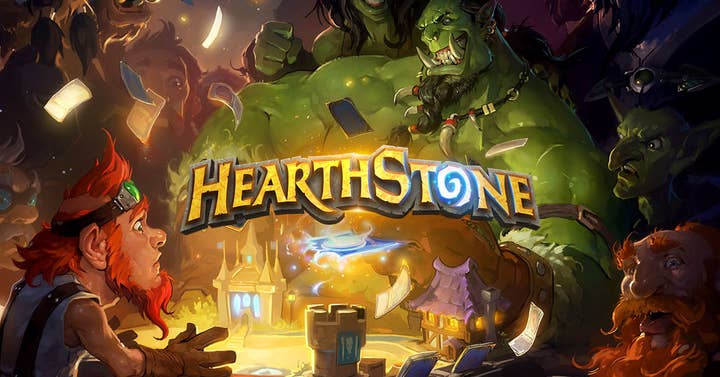 Hearthstone key art showing the logo, a small red-haired character playing a card game against a large imposing orc