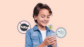 Promotional image for Yoti facial age estimation technology showing a child holding a smartphone with three bubbles around him showing a padlock, a sad ninja, and a "-18"