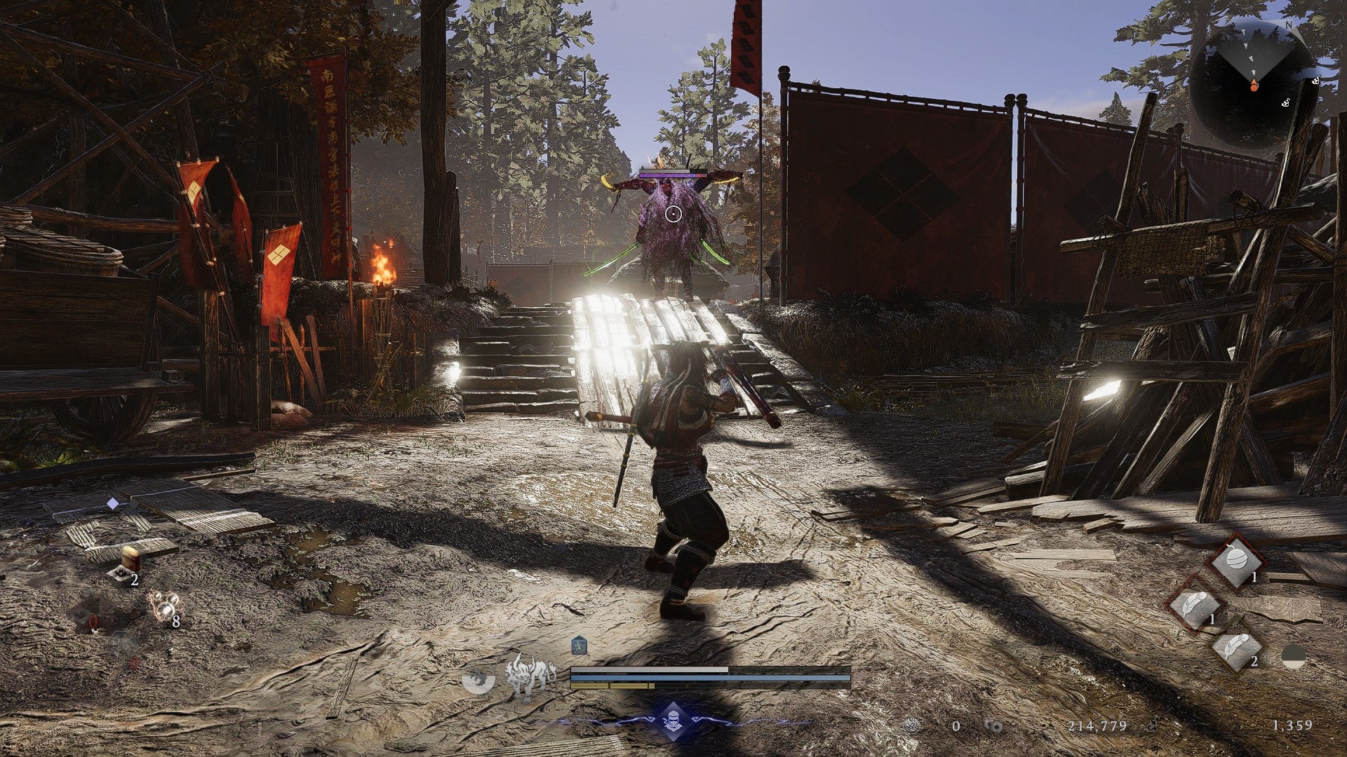 A Ninja in Nioh 3 faces down the hulking Bloodedge Demon, who stands in the background ready for a fight. - 7