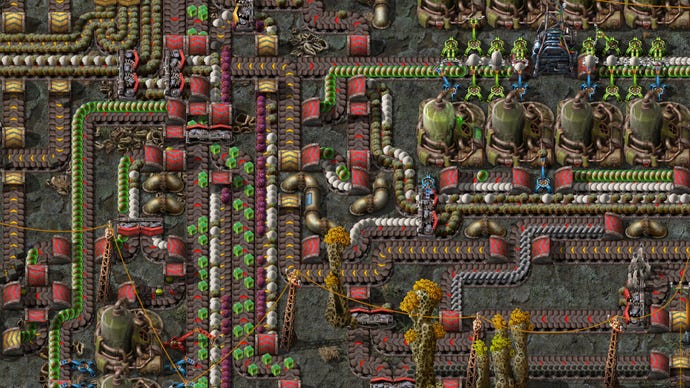 A lot of conveyor belts in Factorio's Space Age expansion