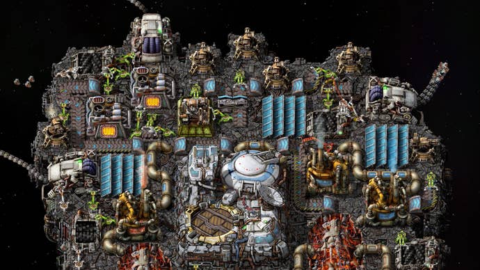 A work-in-progress screenshot of Factorio’s Space Age expansion, showing a bustling platform of interconnected machinery floating among the stars.