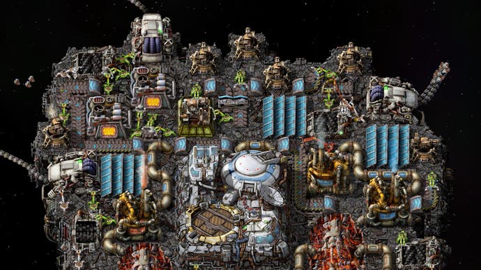 A work-in-progress screenshot of Factorio's Space Age expansion, showing a bustling platform of interconnected machinery floating among the stars.