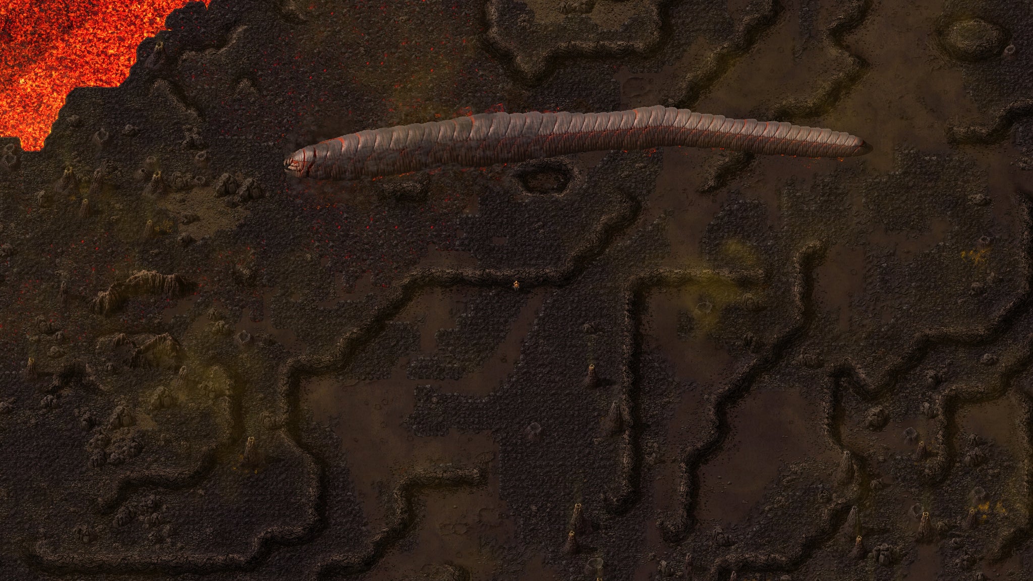 The player in Factorio: Space Age stands near a Medium Demolisher, a gigantic worm native to the planet Vulcanus. - 6