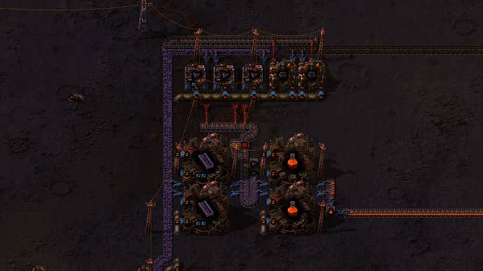 A small factory section on Vulcanus in Factorio: Space Age, where Tungsten is turned into Metallurgic Science in several foundry buildings.