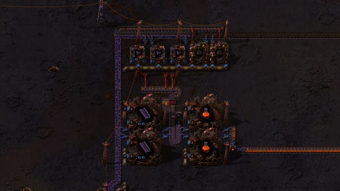 A small factory section on Vulcanus in Factorio: Space Age, where Tungsten is turned into Metallurgic Science in several foundry buildings.