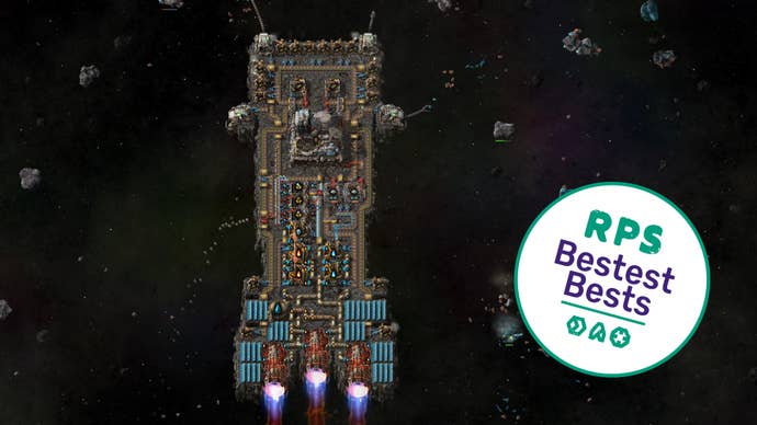 A long, thin spaceship in Factorio: Space Age hurtles through space, with tentacle-like metal arms grabbing asteroids from the front of the ship.