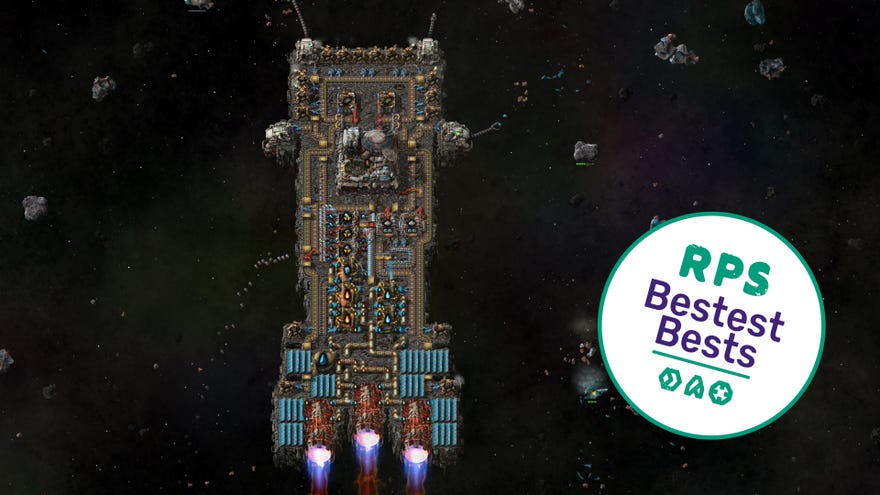 A long, thin spaceship in Factorio: Space Age hurtles through space, with tentacle-like metal arms grabbing asteroids from the front of the ship.