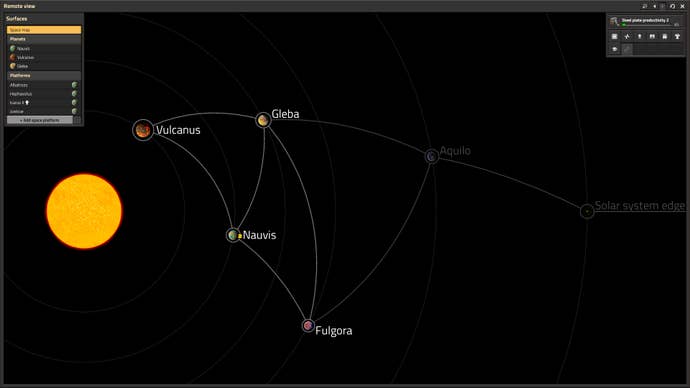 A screenshot of the solar system screen in Factorio: Space Age. From left to right: the sun, Vulcanus, Nauvis, Gleba, Fulgora, and the Solar System Edge.
