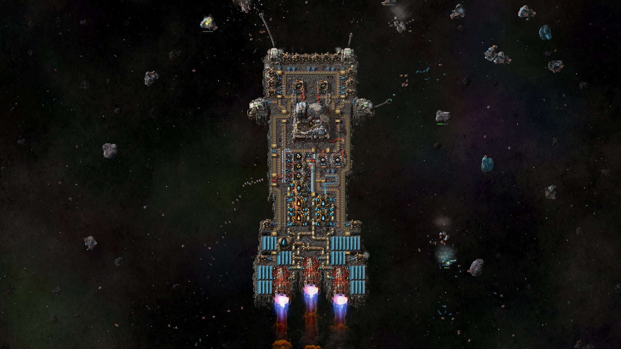 A long, thin spaceship in Factorio: Space Age hurtles through space, with tentacle-like metal arms grabbing asteroids from the front of the ship. - 3