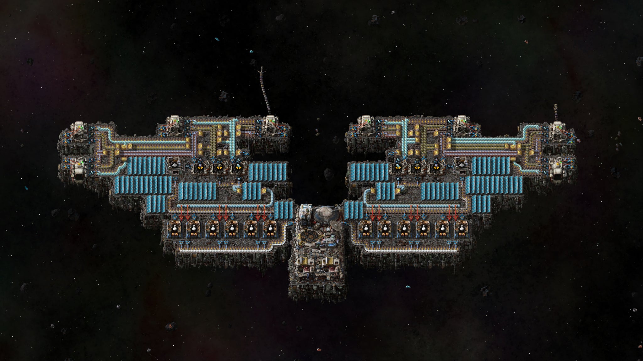 A screenshot of a spaceship in Factorio: Space Age shaped like an eagle with spread wings. - 3