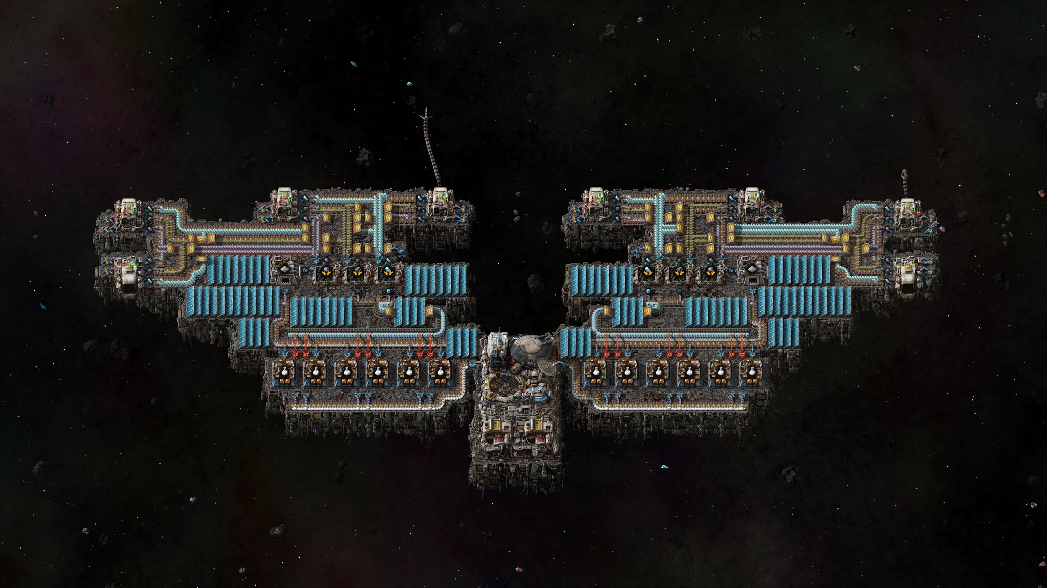 A screenshot of a spaceship in Factorio: Space Age shaped like an eagle with spread wings. - 1