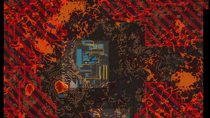 A screenshot of a map of Vulcanus in Factorio: Space Age, where the player’s base is surrounded by hazardous red areas denoting Demolisher territory.