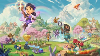 Colourful cartoon artwork of characters farming and catching bugs in Fae Farm