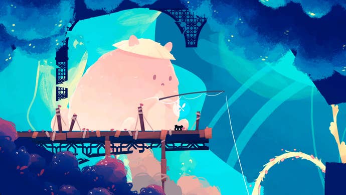 A giant pink cat fishing in a Faerie Afterlight screenshot.