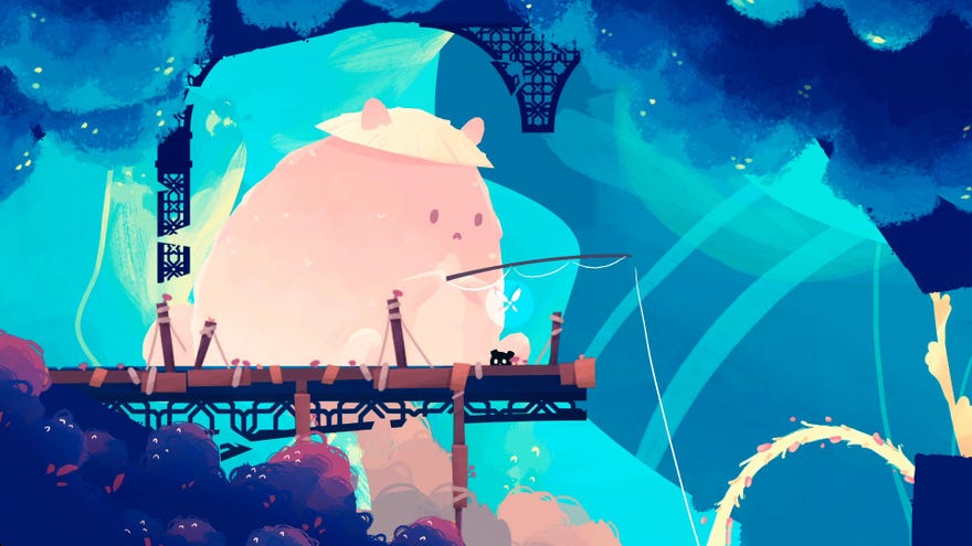 A giant pink cat fishing in a Faerie Afterlight screenshot.