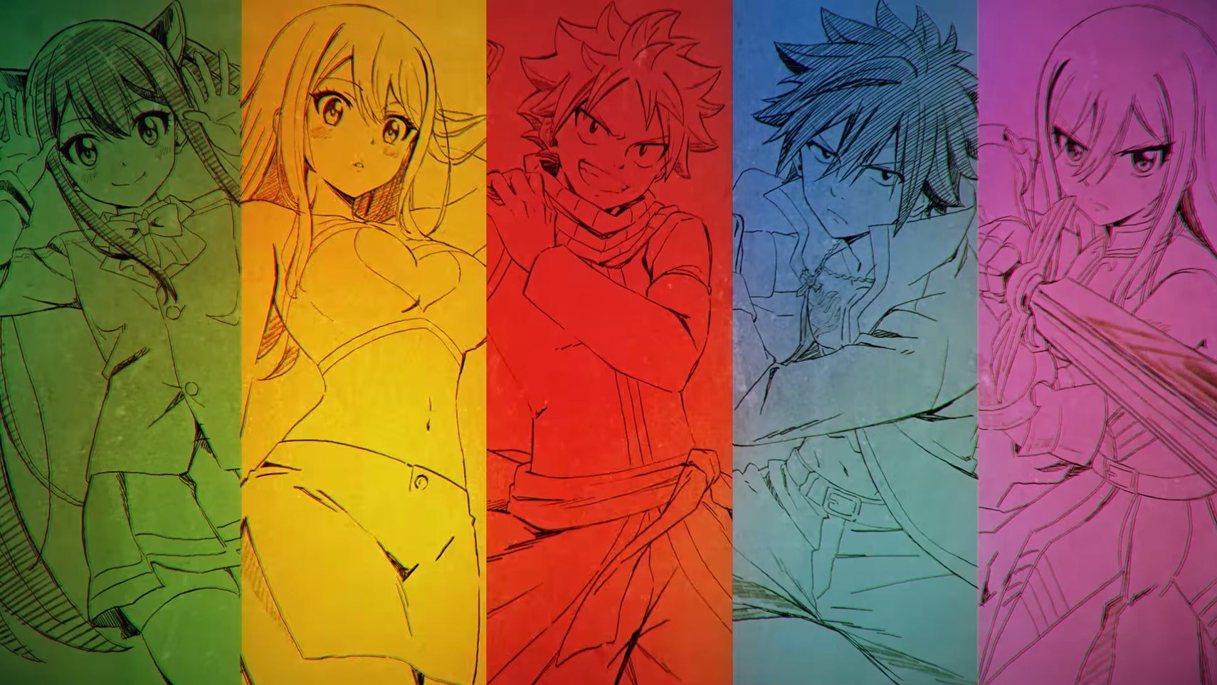 The main cast of character from Fairy Tail all drawn in just linework, each of them covered in a single colour. - 1