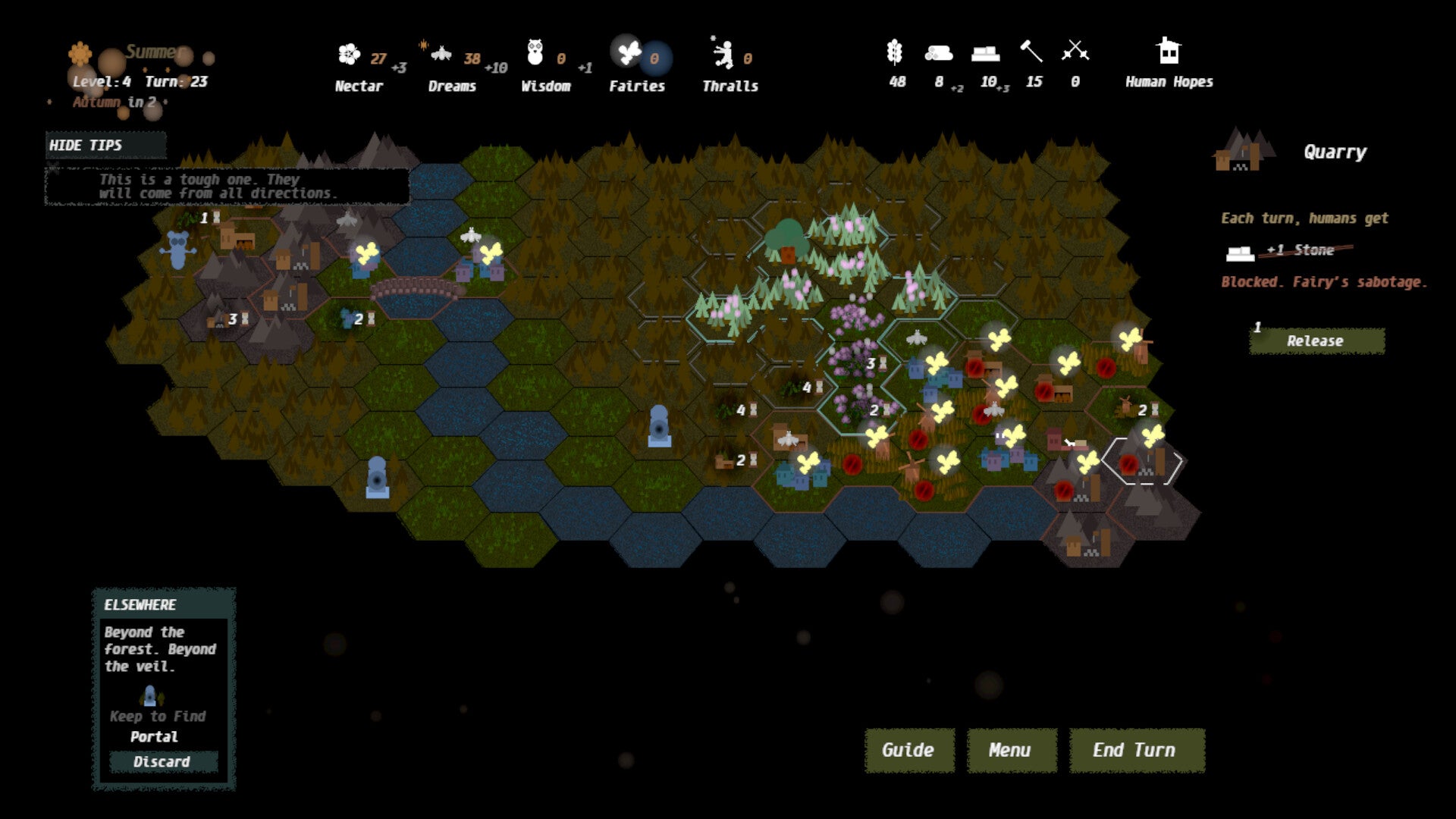 A murky hex-based boardgame-style strategy game consisting of fairy groves, forests and human villages.