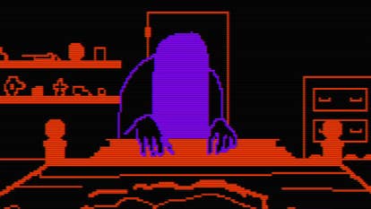 This could be a scene from a Japanese horror film, except it looks like a scene from an old adventure game. It's painted in two colours, one a kind of brown for the environment, and one in purple showing a hunched over girl holding the end of a bed, hair obscuring her face. She is out to get you.