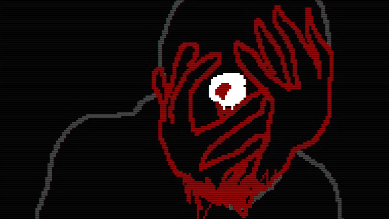 A very simple line drawing of a human figure, on a black backdrop, but their hands are holding their face, and their hands are bloody and red. All that can be seen on the face is a crudely drawn white eye peeking out, and it too is bleeding. It&rsquo;s a disturbing image.