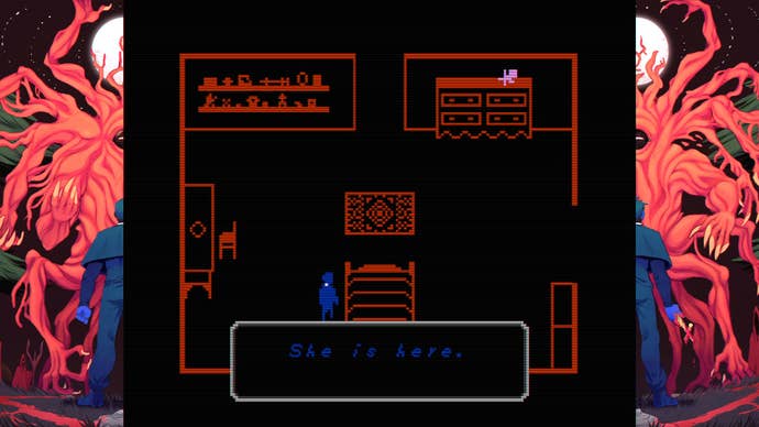 A very simple screen showing an outlined, top-down room, drawn in one colour against a black background. There’s a blue blob that’s the character, and then there’s a dialogue box that reads, “She’s here.'