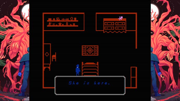 A very simple screen showing an outlined, top-down room, drawn in one colour against a black background. There's a blue blob that's the character, and then there's a dialogue box that reads, "She's here.'