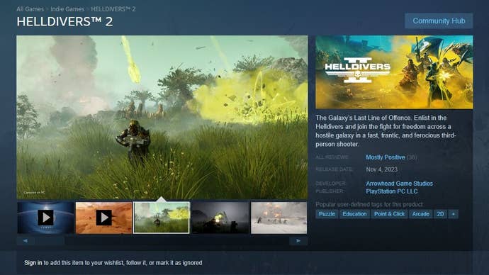 Screenshot showing a fake Helldivers 2 page, made to look like Arrowhead’s game