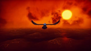 A screenshot from the game The Falconeer. We see a giant falcon ridden by a small person, flying above a choppy sea in the deep orange of sunset. The sun almost silhouettes the pair as they fly towards it.