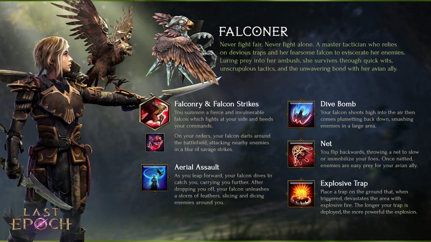The Falconer class sheet and abilities from Last Epoch