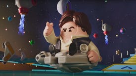 A bean dressed as Han Solo riding a floating Millennium Falcon in Fall Guys' Star Wars skin pack.