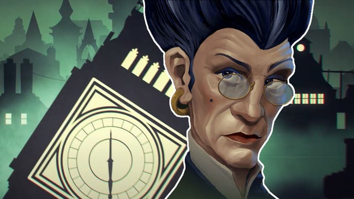 Fallen London artwork showing a stern-faced female character overlaid on top of a stylised illustration of the fog-shrouded Victorian city and its collapsing Big Ben.