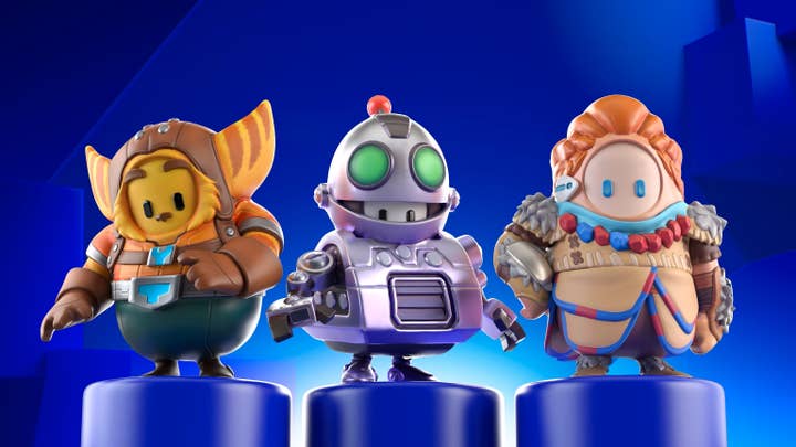 Three Fall Guys characters wearing costumes of Sony characters Ratchet, Clank, and Aloy from Horizon