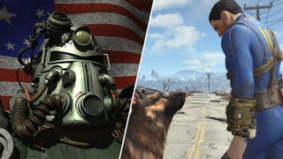 A soldier in T-51 power armour in Fallout, next to Fallout 4's protagonist and Dogmeat.