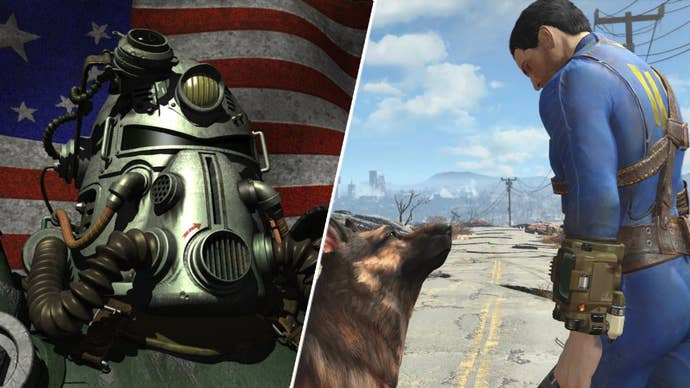 A soldier in T-51 power armour in Fallout, next to Fallout 4’s protagonist and Dogmeat.