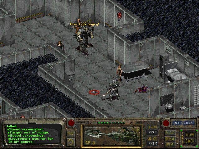 Screenshot of the isometric view of Fallout 1, in MS-DOS style.