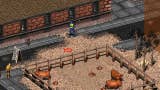 A screenshot from Fallout 2 showing the player character exploring a post-apocalyptic cattle farm.