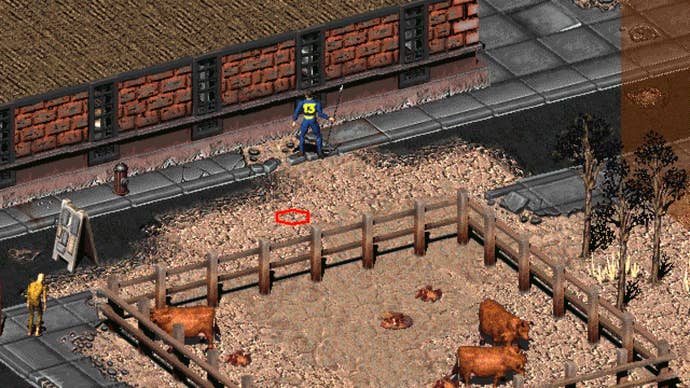 A screenshot from Fallout 2 showing the player character exploring a post-apocalyptic cattle farm.