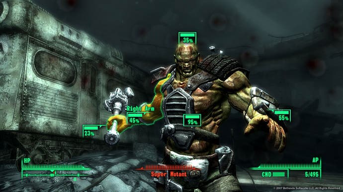 Fallout 3's Super Mutant, shown with VATS damage percentages on-screen.