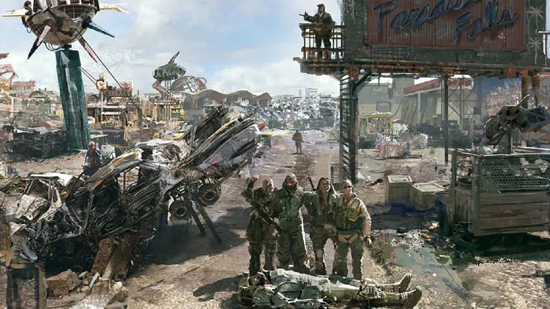Some raiders posting in concept art for Fallout 3&rsquo;s Paradise Falls.