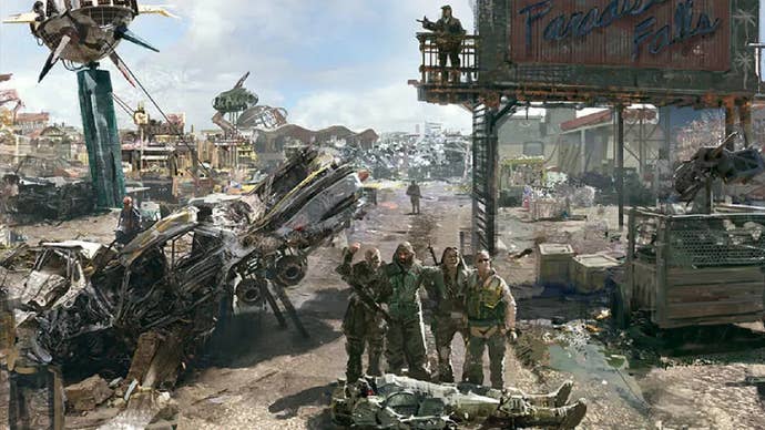 Some raiders posting in concept art for Fallout 3's Paradise Falls.