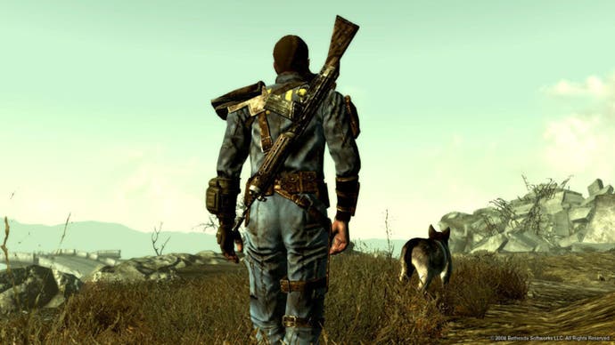 The Lone Wanderer walks with Dogmeat in Fallout 3